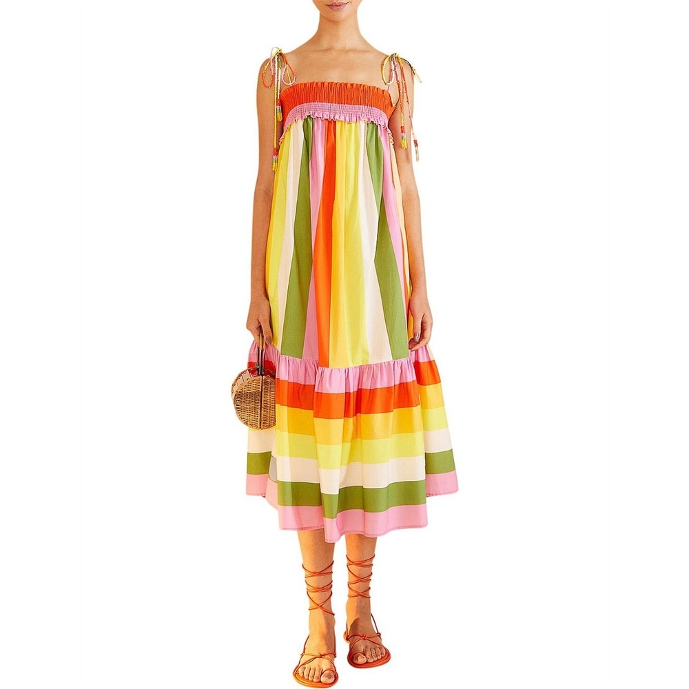 Farm Rio MIXED Multicolored Stripe Smocked MIDI DRESS Size Medium New with tags